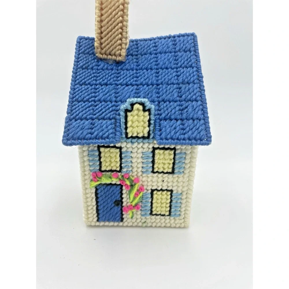 Vtg 70s Yarn Needlepoint Completed Car Dealership‎ &Cottage House Plastic Canvas